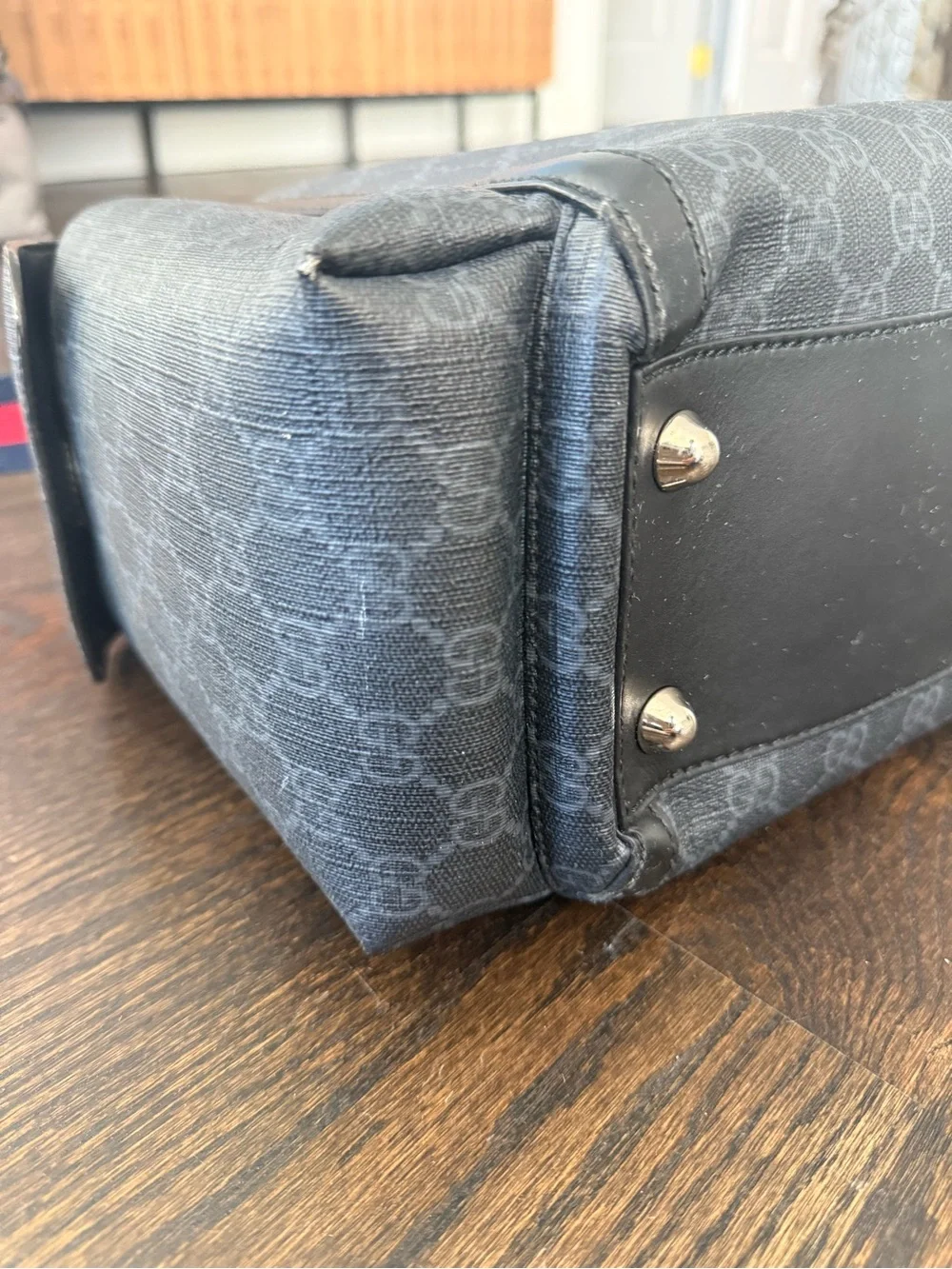 Gucci Black Monogram Diaper Bag with Red and Blue Web Strap